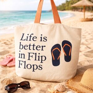 Big Tote Beach Bags Logo Print “Life Is better In Flip Flops” Cream Pink Vacay